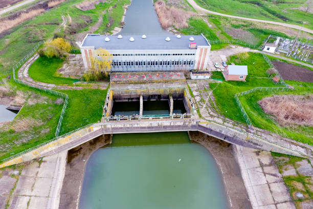 istock Water pumping station of irrigation system of rice fields. View 1143466376