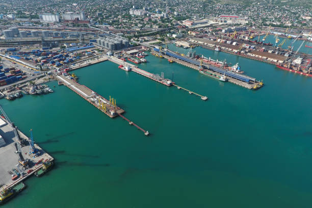 istock Industrial seaport, top view. Port cranes and cargo ships and ba 1143467152