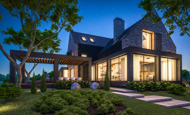 istock 3d rendering of modern clinker house on the ponds with pool in night 1143467983