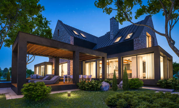 istock 3d rendering of modern clinker house on the ponds with pool in night 1143467984