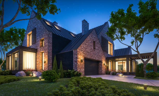istock 3d rendering of modern clinker house on the ponds with pool in night 1143467995