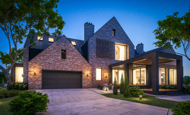 istock 3d rendering of modern clinker house on the ponds with pool in night 1143467996