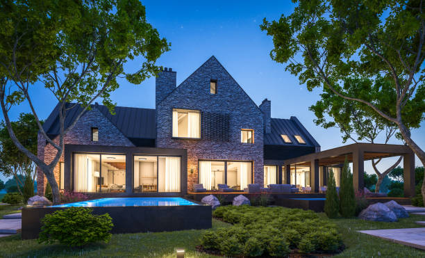 istock 3d rendering of modern clinker house on the ponds with pool in night 1143468000