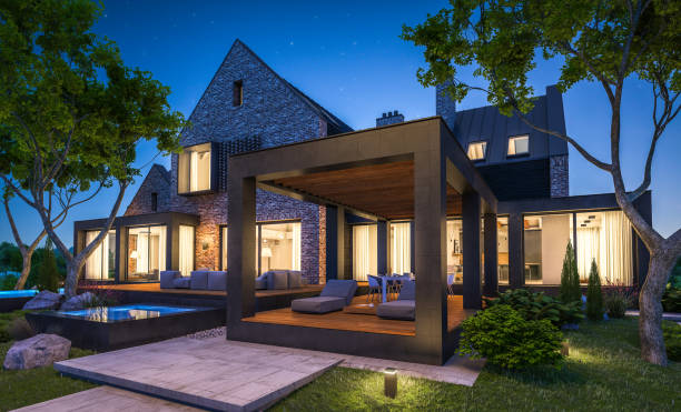 istock 3d rendering of modern clinker house on the ponds with pool in night 1143468006