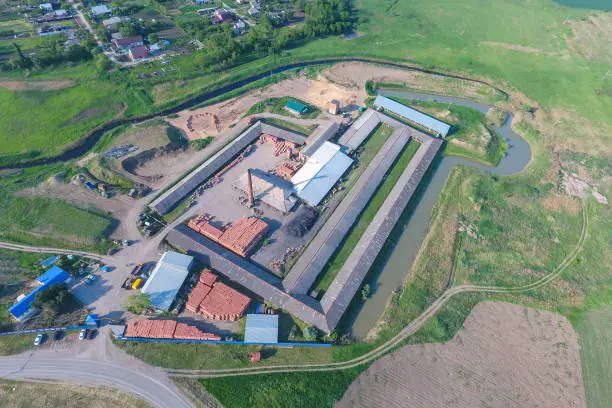Brick production plant. Top view of a small factory for firing bricks.