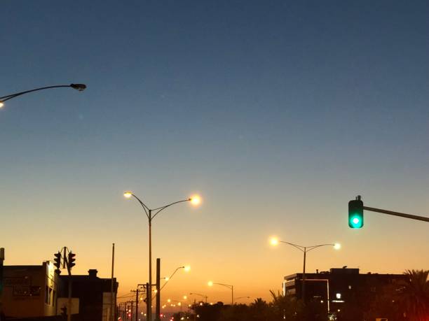 Sunset traffic lights stock photo