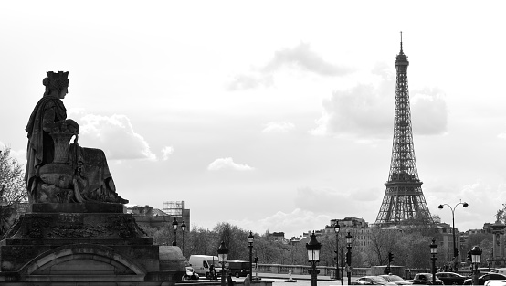 Paris, France - April 8, 2019. The Eiffel Tower seen from the Place de la Concorde. Black and white photos