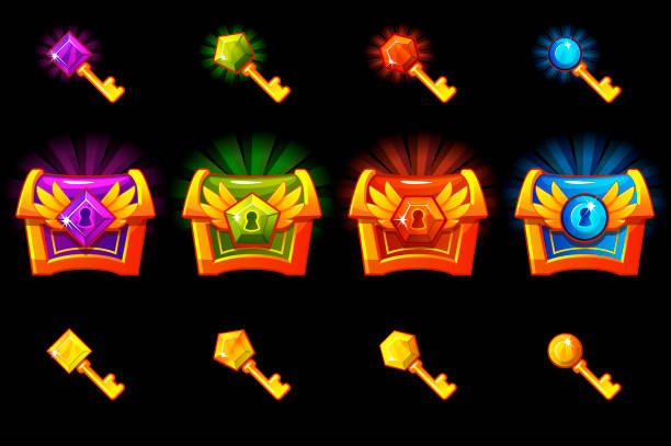 Treasure chest with precious stones and golden keys, vector icons Treasure chest with precious stones and golden keys, vector icons. Icons on separate layers. key package stock illustrations