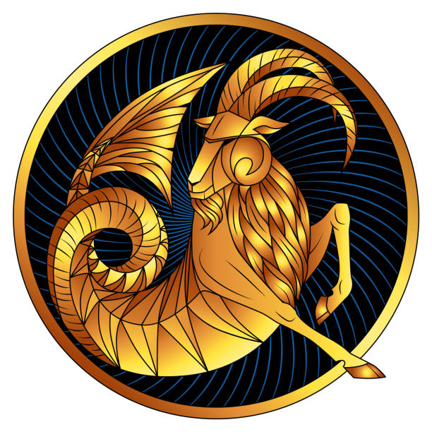 Capricorn golden zodiac sign gilt horoscope symbol Capricorn, zodiac sign of gold, astrological icon, horoscope symbol. Stylized graphic golden fantastic animal, deity of ancient Greece. Sea goat with gilt fish tail, beard and big horns. Vector art. cosmos of the stars of the constellation capricorn and gems stock illustrations