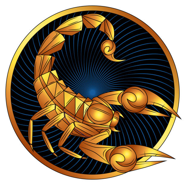 ilustraciones, imágenes clip art, dibujos animados e iconos de stock de símbolo del horóscopo vectorial del zodiaco dorado de escorpio - astrology sign color image scorpio animal imitation