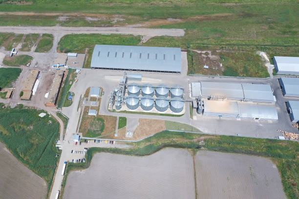 istock Plant for the drying and storage of grain. Top view. 1143479233