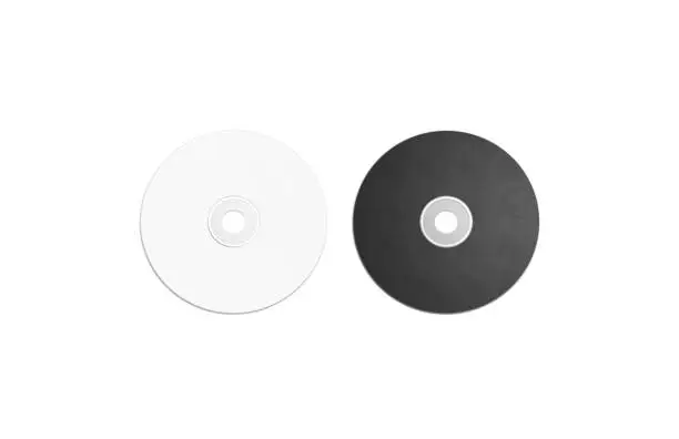 Blank black and white compact disk mockup set, isolated, 3d rendering. Empty multimedia player mock up, top view. Clear cd or dvd disc for storage template.