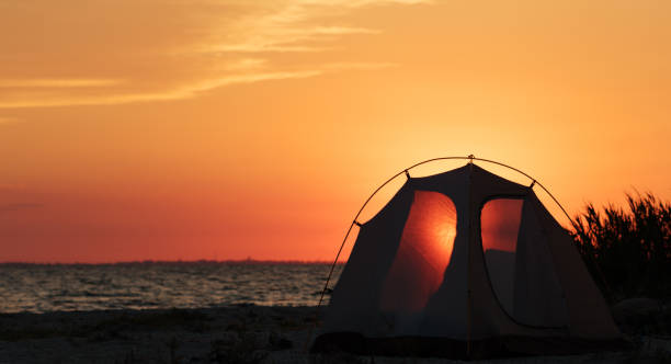 istock Camping tent on sea beach at sunset in summer 1143479560