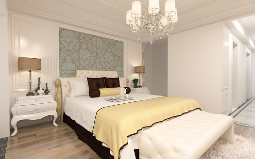 Luxury designed bedroom interior scene in hotel room. ( 3d render )
