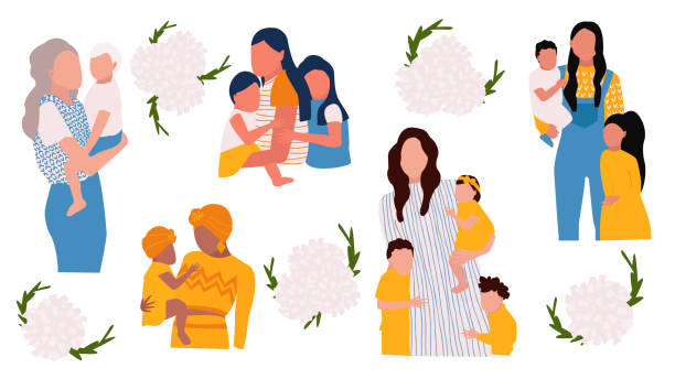 ilustrações, clipart, desenhos animados e ícones de jogo do molde do dia de matriz, ilustração do vetor no estilo liso. mãe com o bebê. - kissing child family isolated