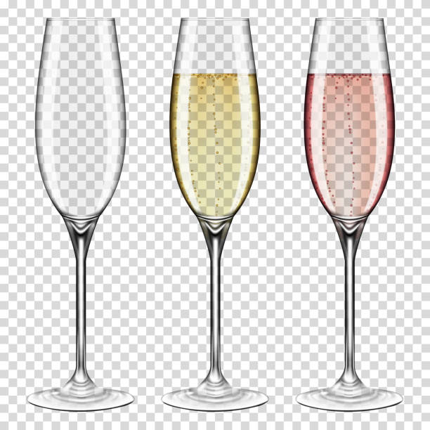 Set of realistic transparent wine glasses empty and with champagne, isolated on transparent background. Set of realistic transparent wine glasses empty and with champagne, isolated
on transparent background. rose champagne stock illustrations
