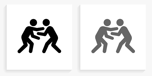 Wrestling Black and White Square Icon. This 100% royalty free vector illustration is featuring the square button with a drop shadow and the main icon is depicted in black and in grey for a roll-over effect.
