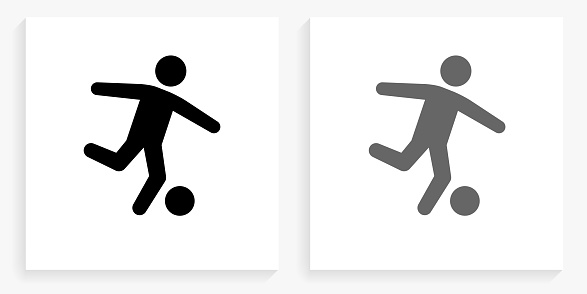 Soccer Black and White Square Icon. This 100% royalty free vector illustration is featuring the square button with a drop shadow and the main icon is depicted in black and in grey for a roll-over effect.