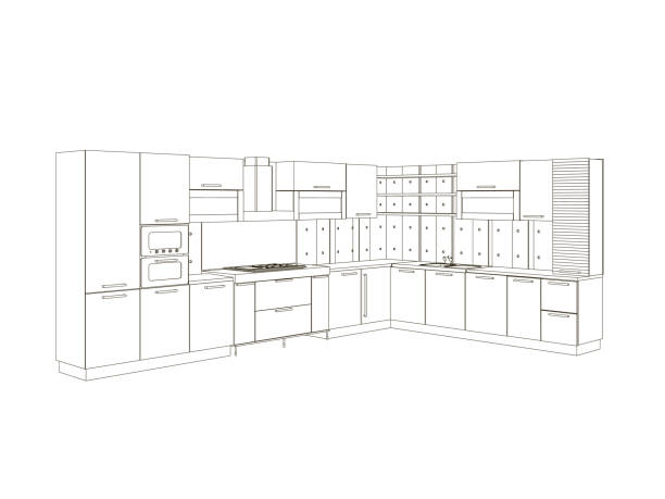 kontur kuchni czarnych linii izolowanych na białym tle. widok z przodu. wrieframe zestawu kuchennego. ilustracja wektorowa - construction three dimensional shape planning architect stock illustrations