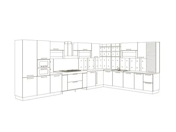 Vector illustration of Contour of the kitchen of black lines isolated on white background. Front view. Wrieframe of the kitchen set. Vector illustration