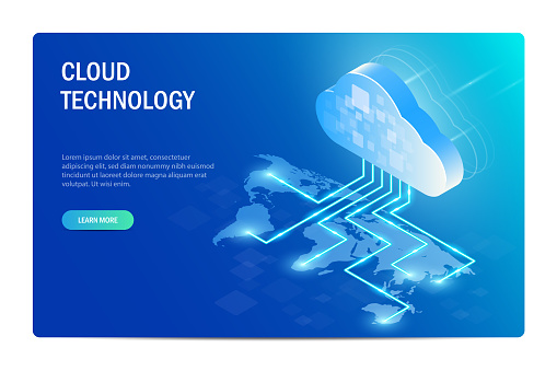 Cloud Technology Isometric Concept. distribution of information technology around the world. World map. Web site template. Blue vector editable illustration.