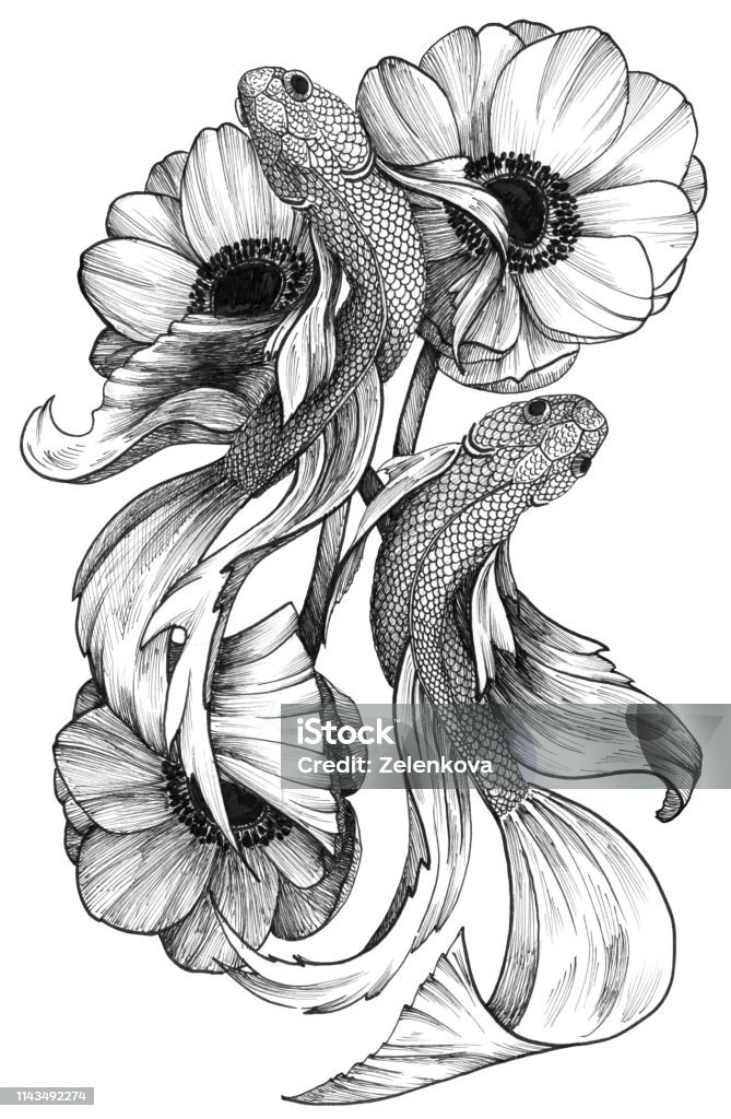 Black Ink detailreifer Tattoo-Fische in Floral-Komposition - Lizenzfrei Pfingstrose Stock-Illustration