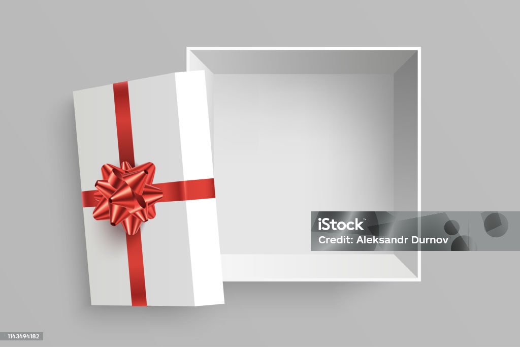 Open Gift Box Vector Illustration Opened Square Surprise Box With Red Bow  And Ribbon Isolated On Grey Background View From Above Element For Your  Design Eps 10 Stock Illustration - Download Image