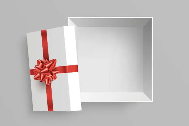 Vector illustration of Open gift box vector illustration. Opened square surprise box with red bow and ribbon isolated on grey background. View from above. Element for your design. Eps 10,