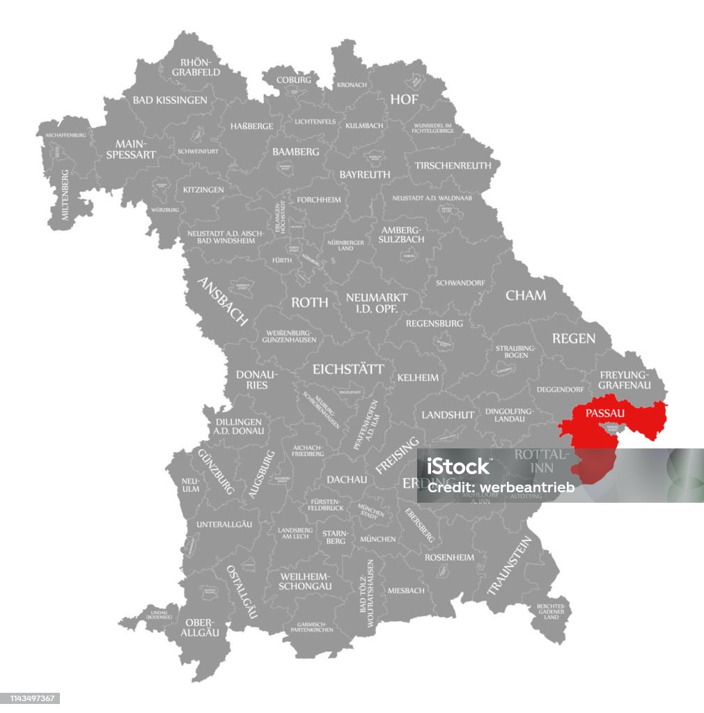 Passau rojo del Condado destacado en el mapa de Baviera Alemania - Ilustración de stock de Mapa libre de derechos