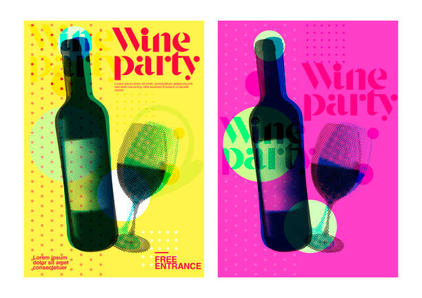 Idea for wine event. Illustration of bottle and wine glass with dotted pattern, retro 80s style, bright colors, pop art. For brochures, posters, invitations or banners. Idea for wine event. Illustration of bottle and wine glass with dotted pattern, retro 80s style, bright colors, pop art. For brochures, posters, invitations or banners. Vector. wine tasting stock illustrations