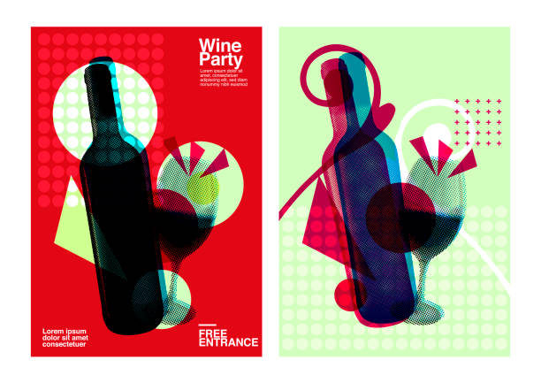 Idea for wine event. Illustration of bottle and wine glass with dotted pattern, retro 80s style, bright colors, pop art. For brochures, posters, invitations or banners. Idea for wine event. Illustration of bottle and wine glass with dotted pattern, retro 80s style, bright colors, pop art. For brochures, posters, invitations or banners. Vector. spain illustrations stock illustrations