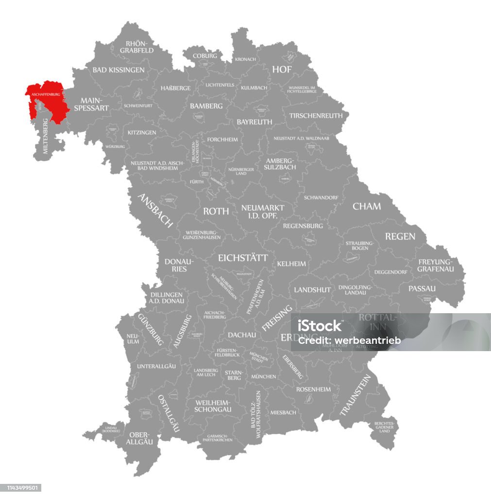 El rojo del Condado de Aschaffenburg destacó en el mapa de Baviera Alemania - Ilustración de stock de Alemania libre de derechos