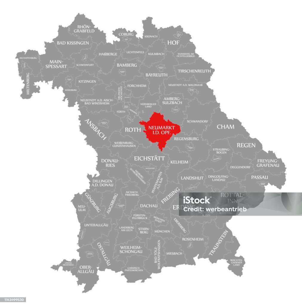Neumarkt in der Oberpfalz County rojo destacado en el mapa de Baviera Alemania - Ilustración de stock de Alemania libre de derechos