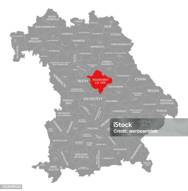 Ilustración de Neumarkt In Der Oberpfalz County Rojo Destacado En El Mapa De Baviera Alemania y más Vectores Libres de Derechos de Alemania