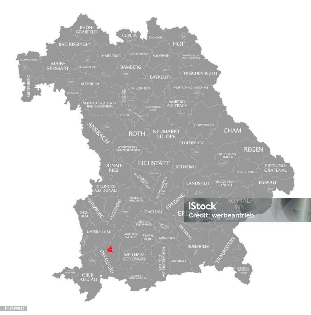 El rojo de la ciudad de Kaufbeuren destacó en el mapa de Baviera Alemania - Ilustración de stock de Alemania libre de derechos