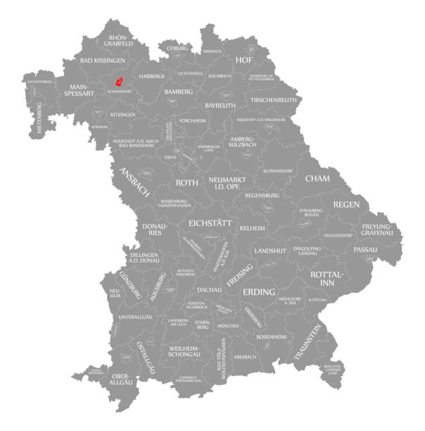 illustrazioni stock, clip art, cartoni animati e icone di tendenza di la città di schweinfurt rossa evidenziata nella mappa della baviera germania - schweinfurth