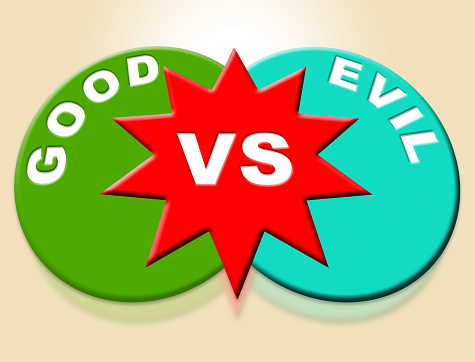 Good Vs Evil Words Shows Difference Between Moral Honesty And Hate. Crossroads Of Hope Belief Or Hell - 3d Illustration