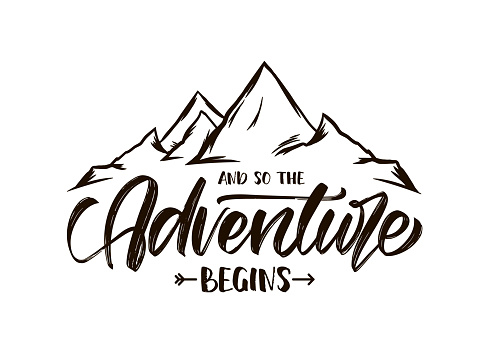 Vector illustration: Modern brush lettering of And so the Adventure Begins with Hand drawn Peaks of Mountains sketch