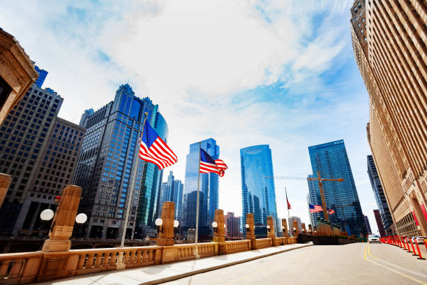 American flag and embarkment in downtown City of Chicago, Illinois, USA