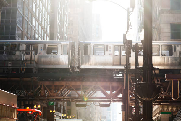 istock City metro train going above street in Chicago 1143506377