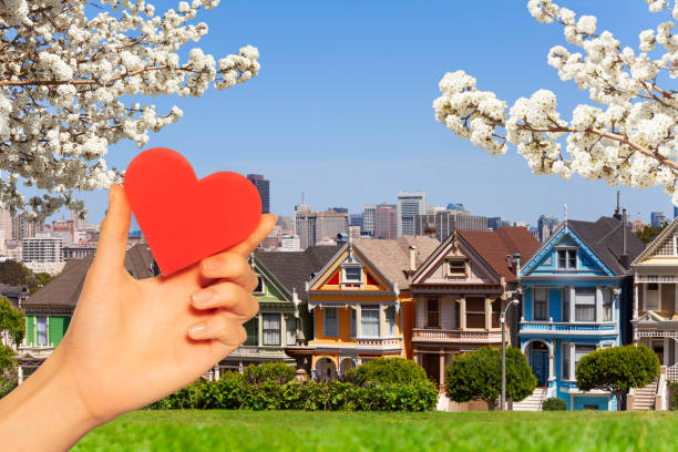 istock Hand hold red heart, painted ladies San Francisco 1143509452