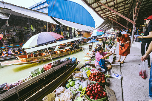 Chiang Mai, Thailand - December 28, 2018: Dannenshaduo Floating Market is famous travel destination in nearly Bangkok, Thailand