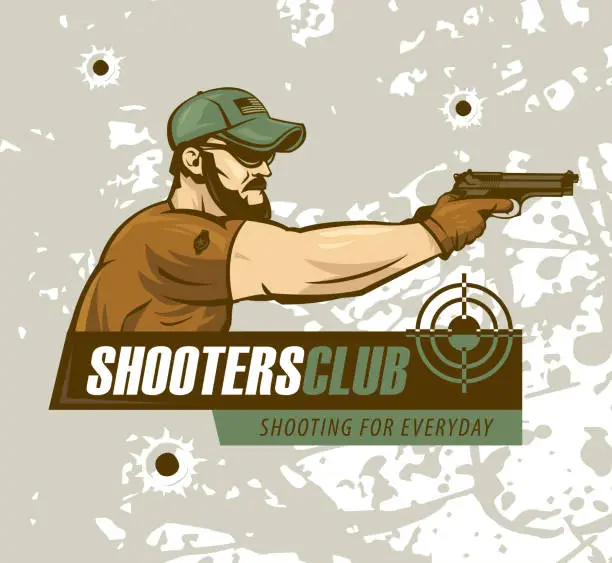 Vector illustration of Special Forces soldier holds a pistol . Logo shooting club, military illustration.