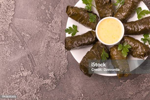 Traditional Georgian Cuisine Dolma In Grape Leaves Stock Photo - Download Image Now