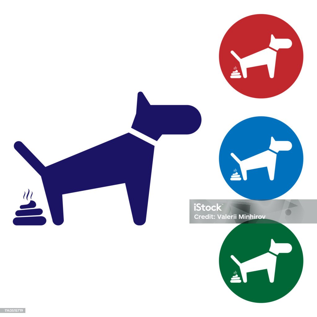 Blue Dog pooping icon isolated on white background. Dog goes to the toilet. Dog defecates. The concept of place for walking pets. Set color icon in circle buttons. Vector Illustration Animal stock vector