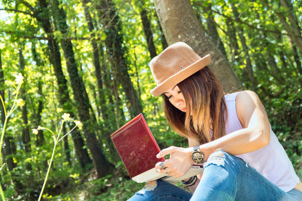 istock Vlogger Woman using laptop and working in woods 1143518346
