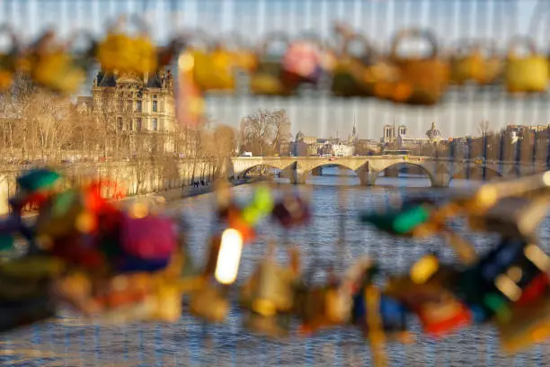 Viex to Notre-Dame through lovelocks on a bridge - Paris, France