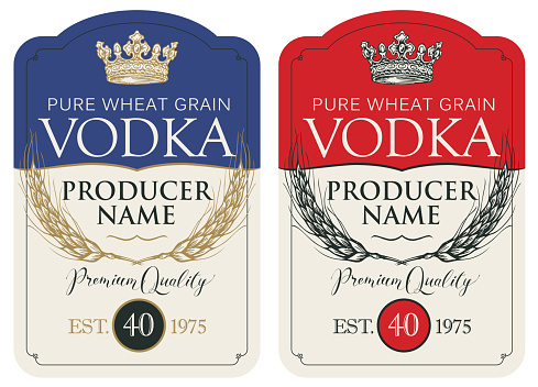 Set of two vector labels for vodka in the figured frame with crown, ears of wheat and inscriptions in retro style. Premium quality, pure wheat grain