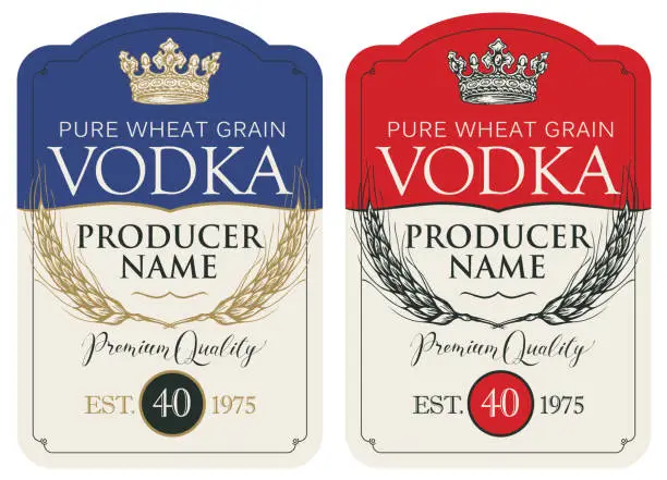 Vector illustration of Labels for vodka with ears of wheat and crown