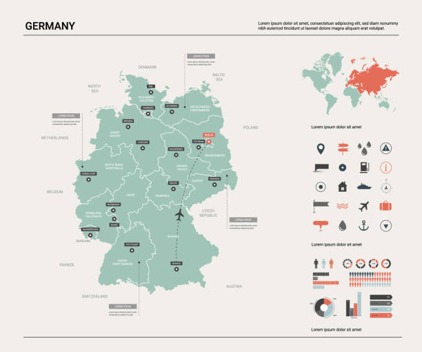 독일의 벡터 지도입니다.  디비전, 도시 및 자본 베를린과 높은 상세한 국가 지도. 정치 지도, 세계 지도, 인포 그래픽 요소. - 독일 stock illustrations